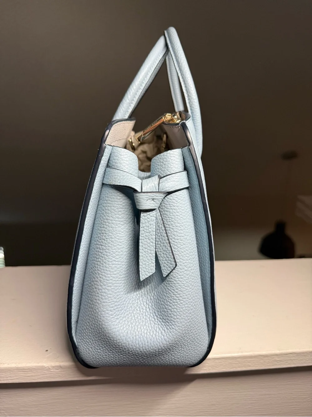 kate spade Pale Blue Pebbled Leather Satchel with Gold Logo